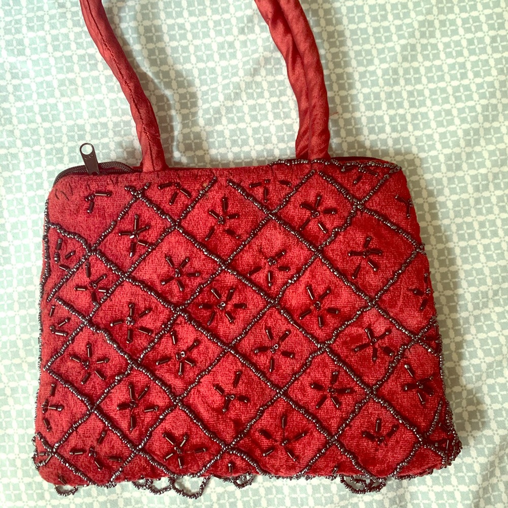 NWOT red velvet hand beaded evening bag purse